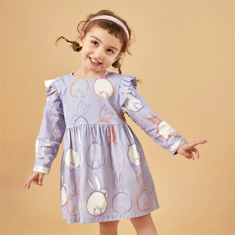 

Baby Girls Full Sleeve Dresses 100% Cotton 2022 Autumn Spring Cute Princess Cartoon Printed Kids Clothes Light Purple Clothing
