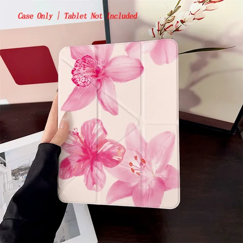 Imagen 1 del producto Funda para iPad con patrón de flores rosas suaves de acrílico con pliegue en Y para Apple iPad de 10,2/10,9 pulgadas a prueba de golpes