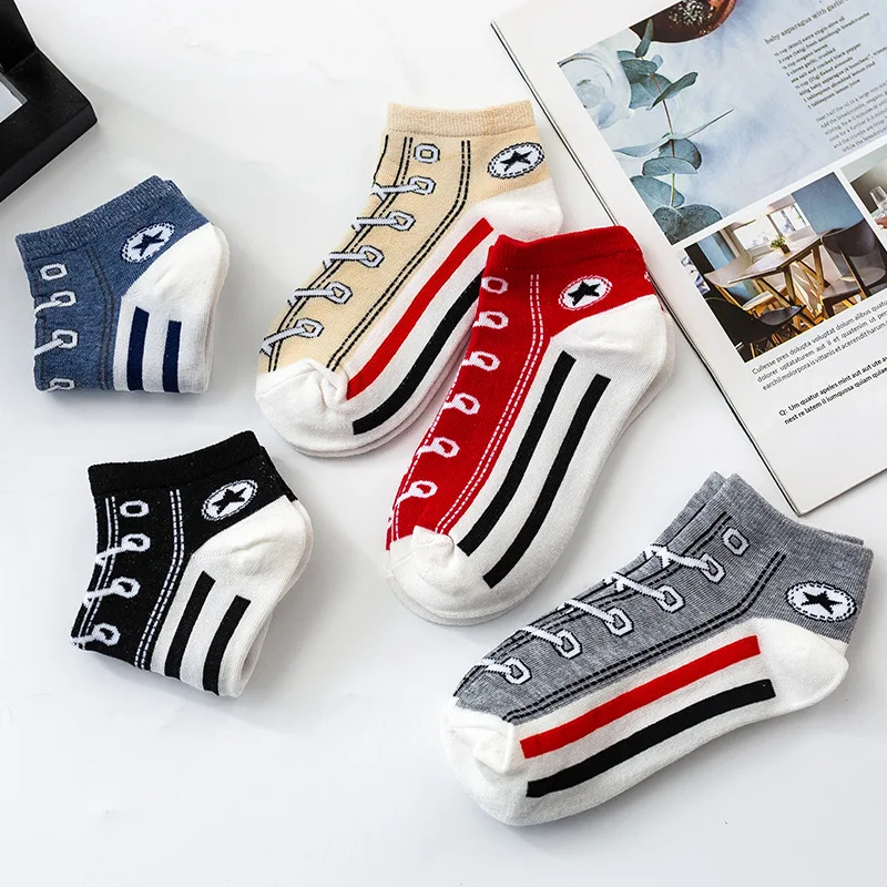 Women Short Ankle Socks Men Autumn Spring Breathable Casual Fashion Leisure Sport Star Shoelace Stripe Print Brethable Boat Sock