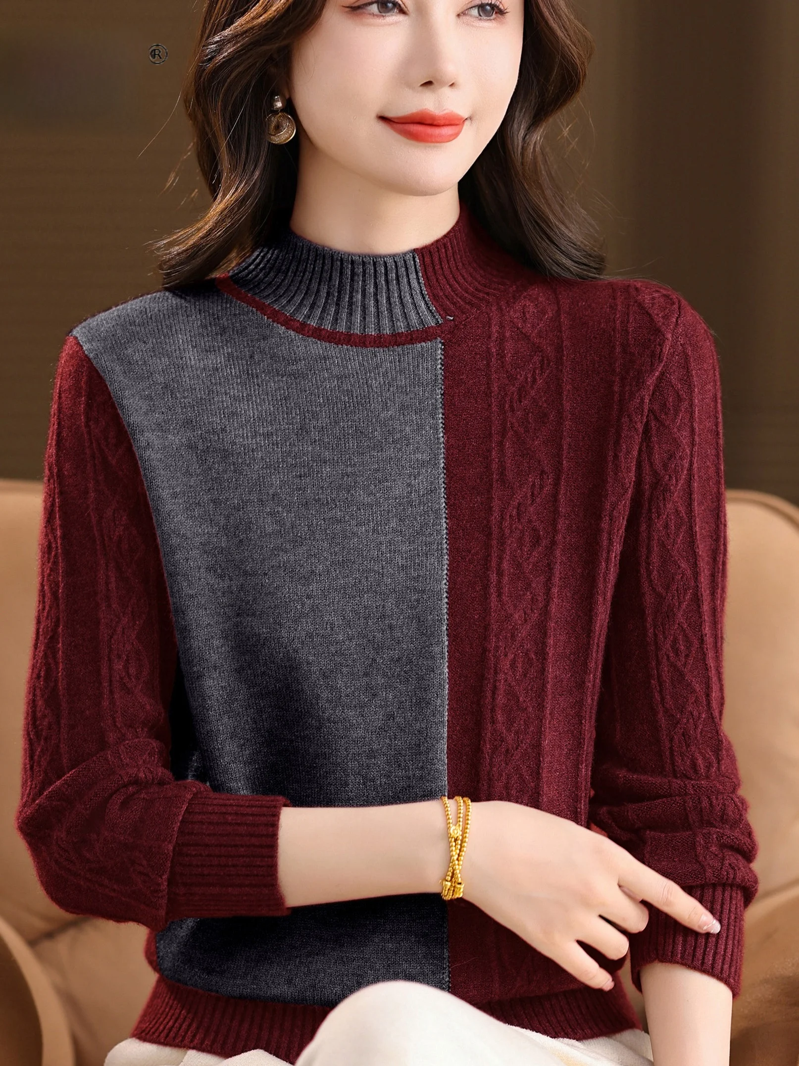

Loose Fit Woolen Knitted Base irt f High Collar Color Blo Design Autumn Winter Warm Top for Middle-Aged And ly Women