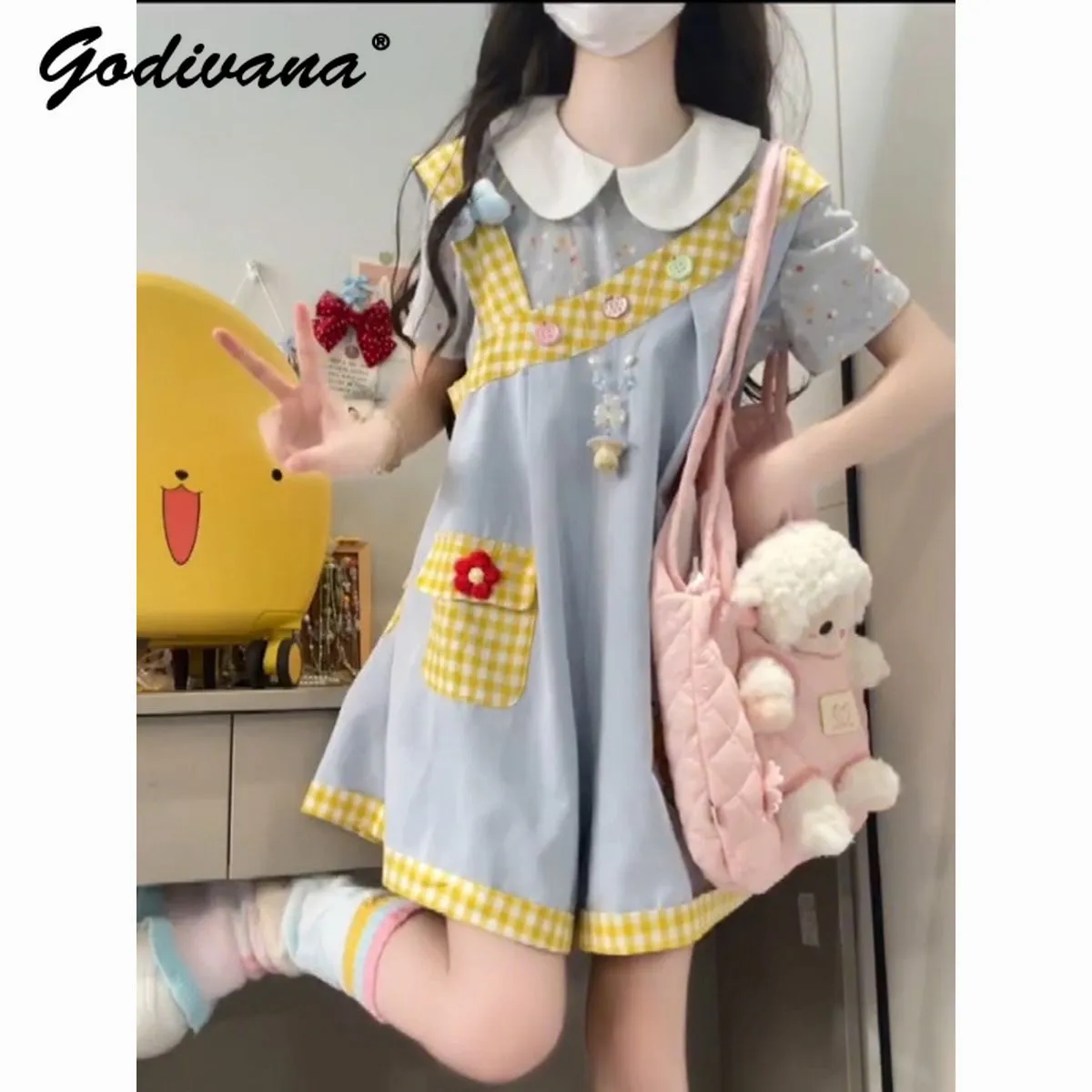 

Cute Little Girls Summer Cartoon Print Overalls Middle School Childrens Thin Short Sleeve Peter Pan Collar Blouse Two Pieces Set