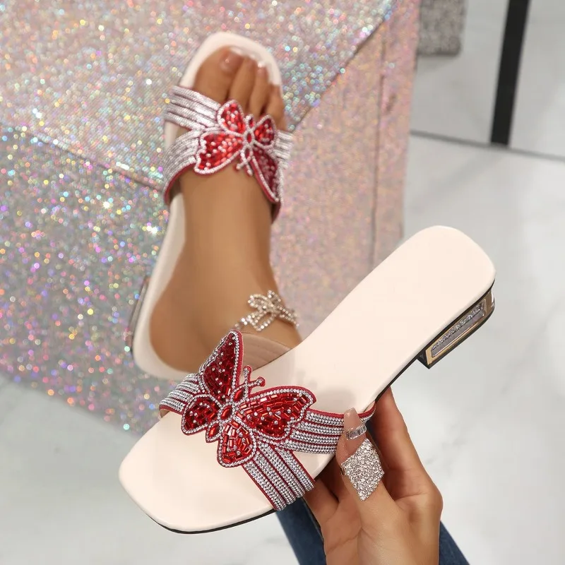 

Colorful Rhinestone Flower Spring Summer Mules Red Color Concise Style Open Toe Slip-on Women Slippers