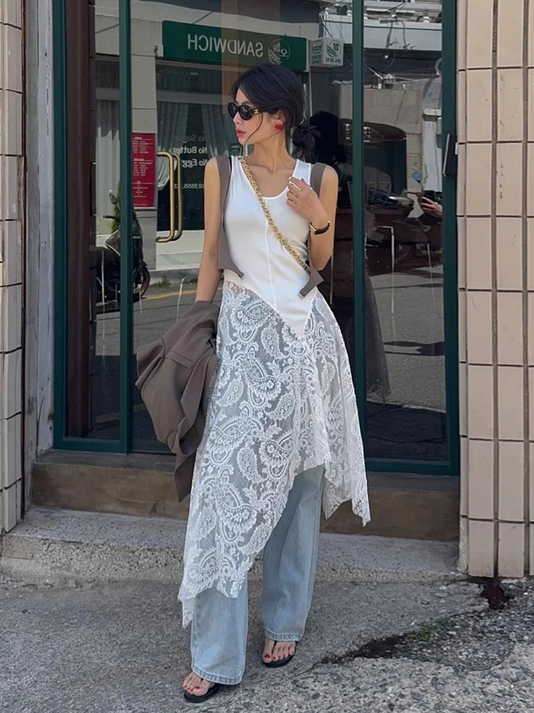 Vestido de Verão F com Design Irregular em Patchwork e Renda, Novo Vintage, Camadas Longas, Cintura Alta, Sem Mangas