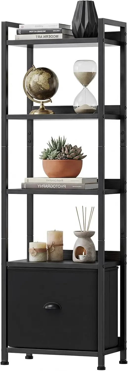 

5-Tier Bookshelf with Fabric Drawer, Wood-Metal Standing Display Shelf, Multi-Functional Organizer for Books, CDs, Movies