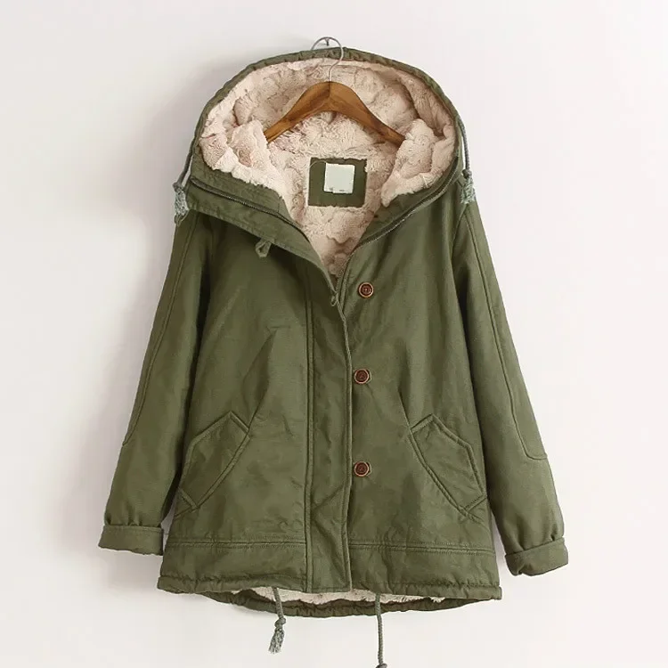 Cute Thick Women Winter Overcoat Hooded Jacket Long Sleeve Coat Plus Size Windbreaker Warm Fluffy Jacket Army Green Girls Parkas