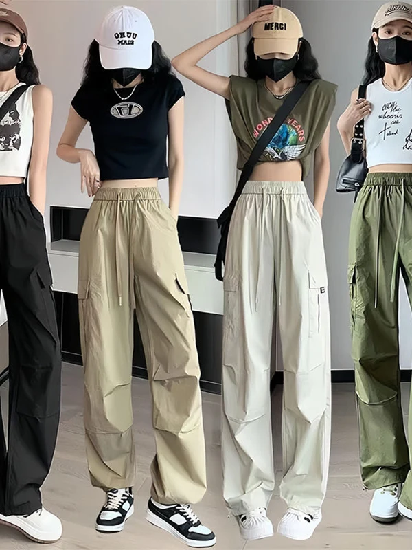 American Retro Workwear Casual Pants Women's Summer Versatile Straight Drapey Cuffed Long Loose Wide Leg Pants