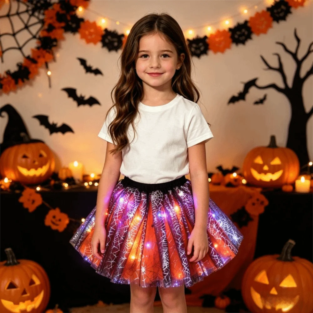 Birthday Outfit Mesh Tutu Skirt Puffy Pom Pom Girls Mesh Puffy Skirt with Lamp Beads Short Length Pom Pom Skirt Halloween