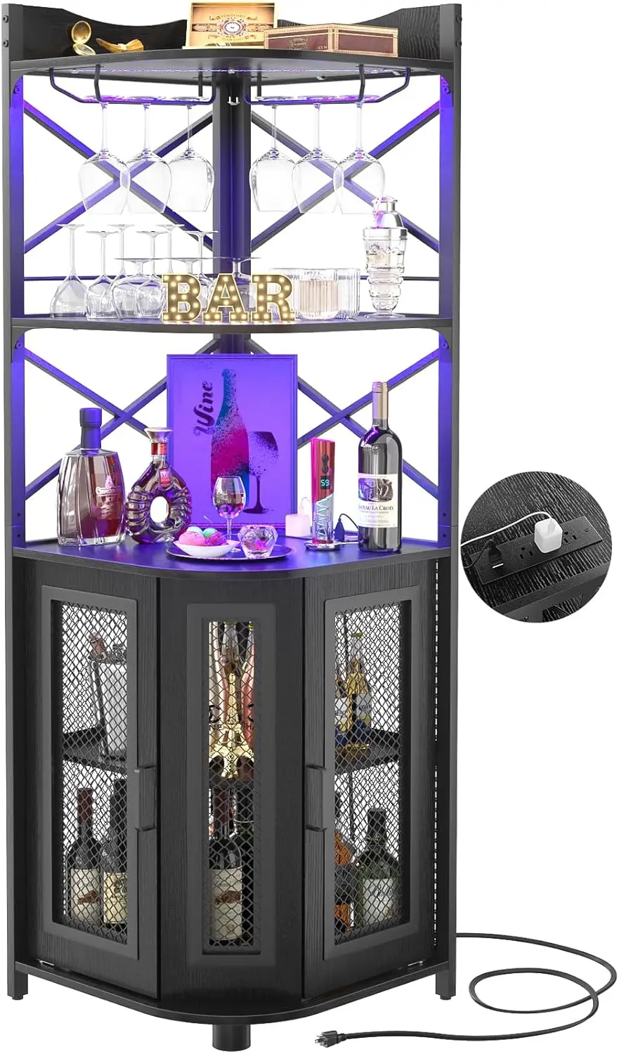 

Industrial Corner Bar Cabinet with Power Outlet, LED Lights, and Glass Holder - 5-Tier Storage for Home