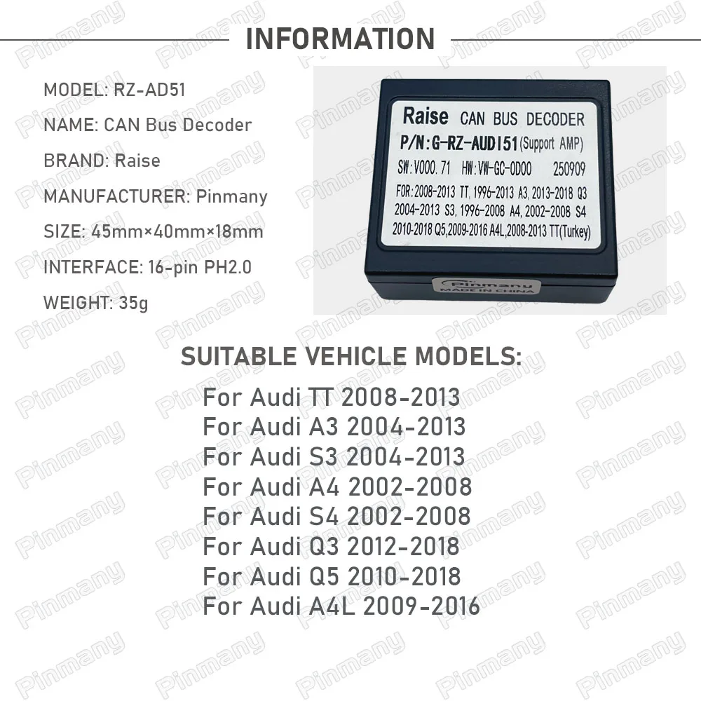 Car Radio CAN Bus Decoder RAISE RZ-AD51 16 Pin Black Box for Audi TT A3 S3 A4 S4 Q3 Q5 A4L