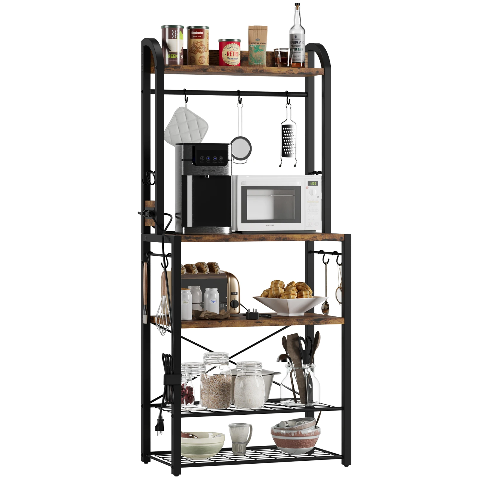 5-Tier Bakers Rack with Power Outlets,Industrial Microwave Stand,Kitchen Bakers Rack with Metal Wire Panel, 8 Hooks