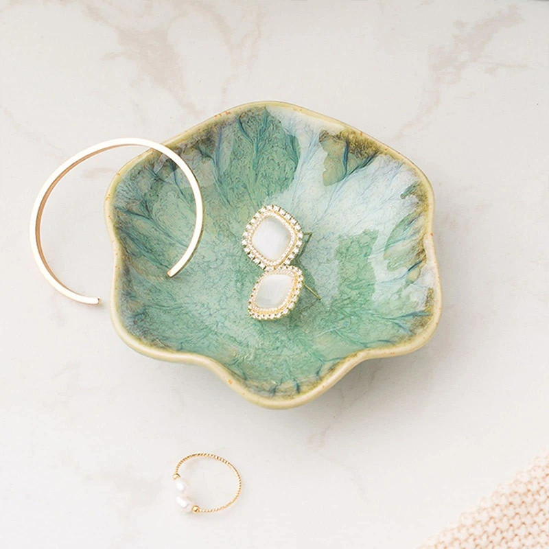 Lotus Jewelry Green Tray Ceramic Ring Necklace Dish Key Bowl Cute Ring Trinket Holder Girl Bedroom Organize Home Decoration