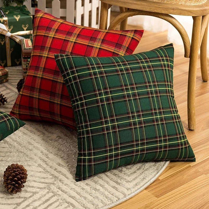 Christmas Plaid Cushion Cover Cotton Decorative Pillows for Sofa Bed Living Classic Green Red Throw Pillow Cover Home Decor Gift