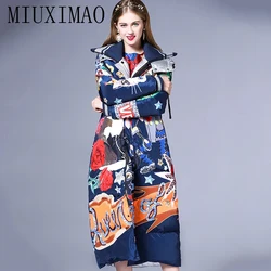 MIUXIMAO  Fashion Loose Parka  Dog  Flower Print Vintage X-Long Women Winter CoatFemale Overcoat Extremely Warm Down Coat Women