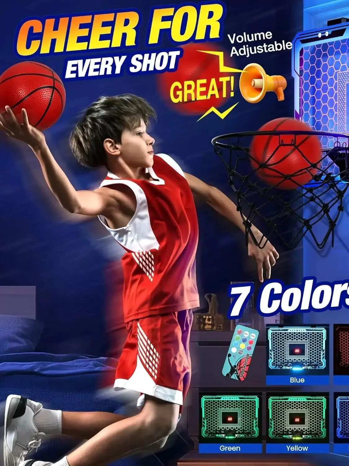Upgraded Wall‑Mounted Mini Basketball Hoop with 3 Game Modes Auto Scoring Digital Scoreboard, 60° Swing Dunk Design Remote Control Basketball Shooting Toy, Indoor Sport Game Gift for Kids Adults, Birthday Halloween Christmas Thanksgiving Present