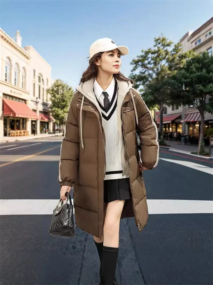 

2024 Winter New Two Pieces Of Fake For Women Padded Jacket The Korean Version Is Hooded And Loose Midi Length Warm Bread Clothes