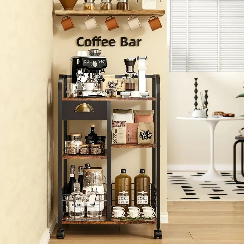 

Bakers Rack with Pots Rack, Microwave Stand with Charging Station, Space-Saving Coffee Bar Industrial Bread Organizer