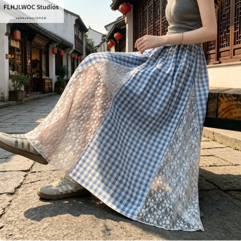 Hollow Out White Lace Skirts Cute Sweet Girls Japanese Style FLHJLWOC Casual High Waist A Line Blue Plaid Long Skirt