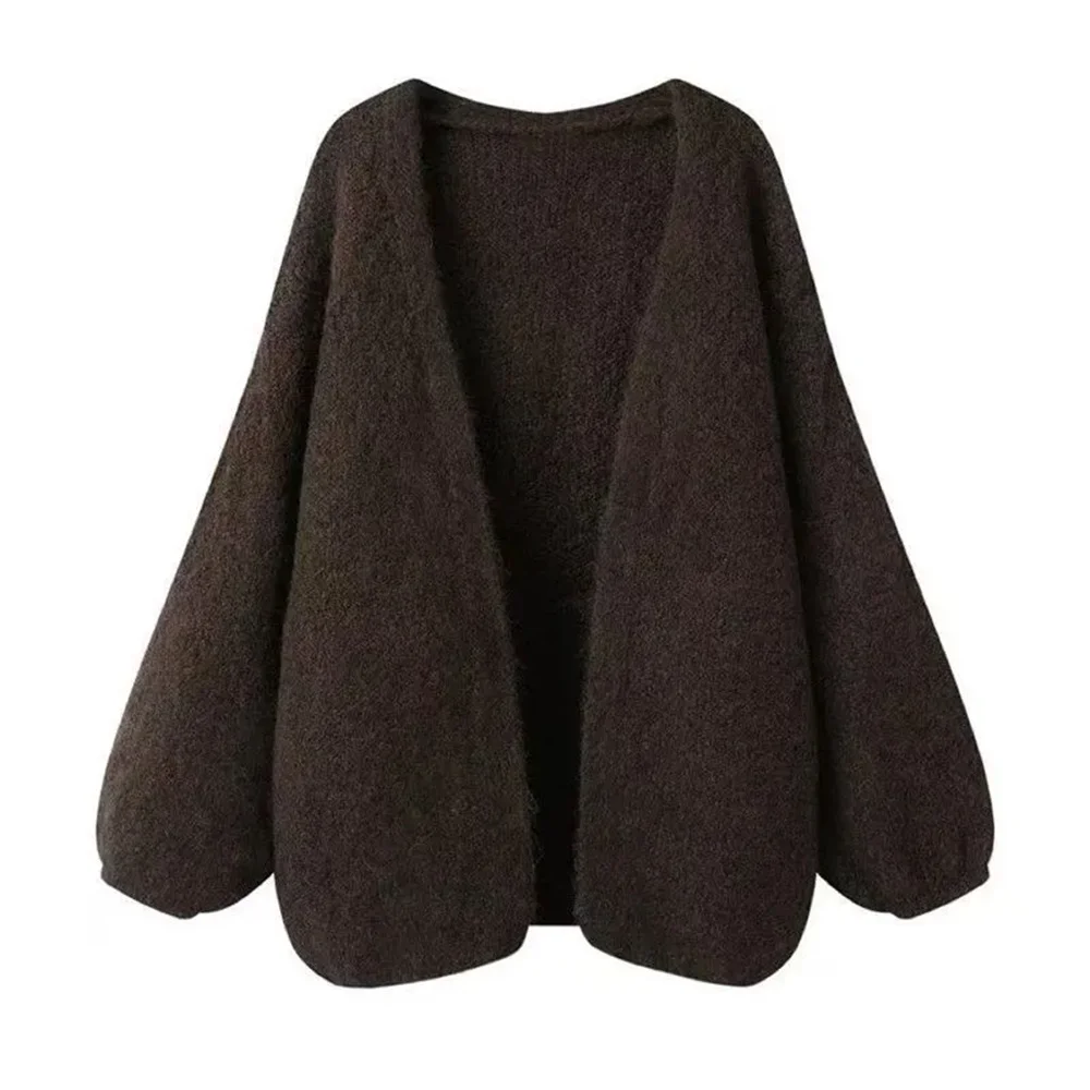 Lantern Sleeve V-Neck Long Sleeve Cardigan Women'S Oversized Knitted Sweater Coat Brown Soft Loose Warm Autumn Winter Outerwear