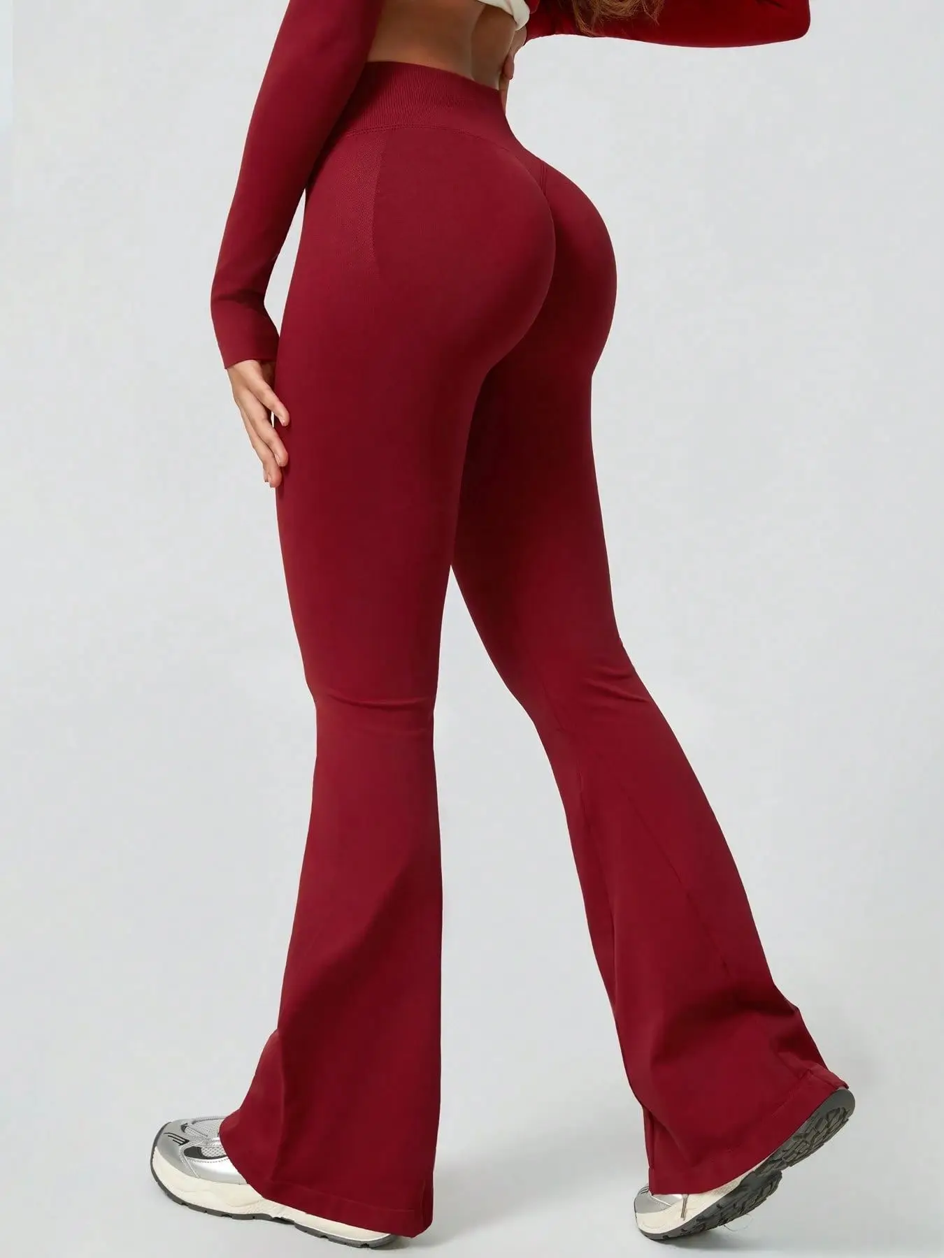 Damen High-Waist Flare Yoga-Hose, Einfarbig, Nahtlos, Breiter Bund, Weites Bein für Fitness, Laufen, Workout – Detail 4