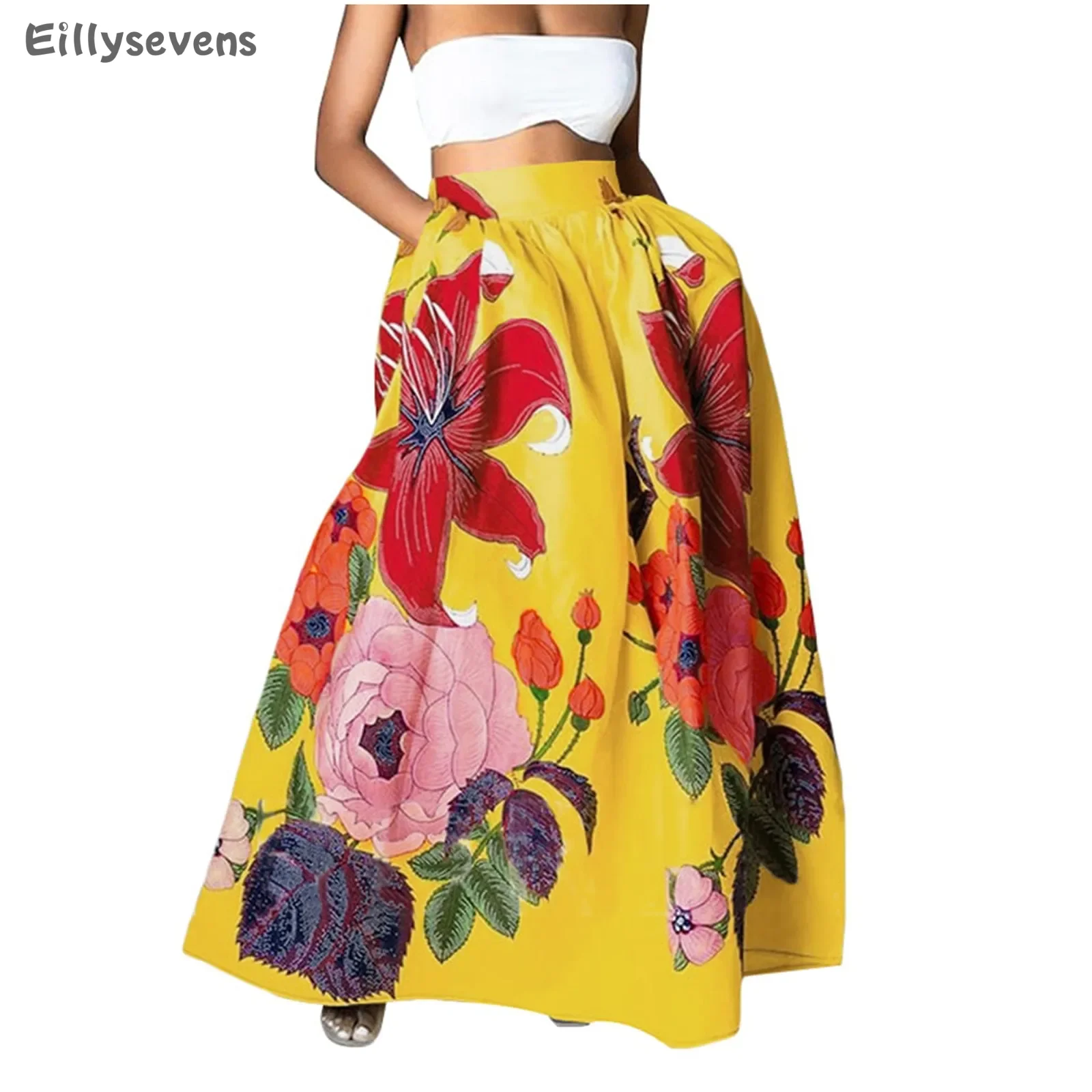 

Women's long skirt Fashion Floral Print traf Loose Half Skirts High Waist Beach saia Extra big hem skirt With pockets faldas