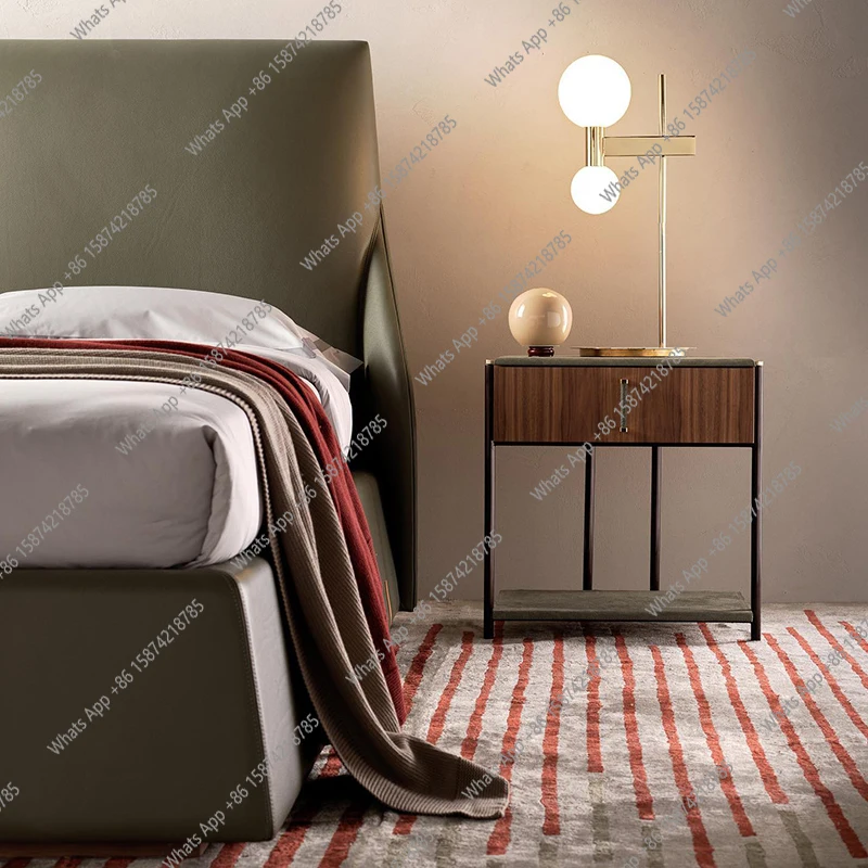 

Saddle Leather Bedside Tables Italian Minimalist Luxury Upscale Square Villa Bedside Lockers Bedroom Furniture