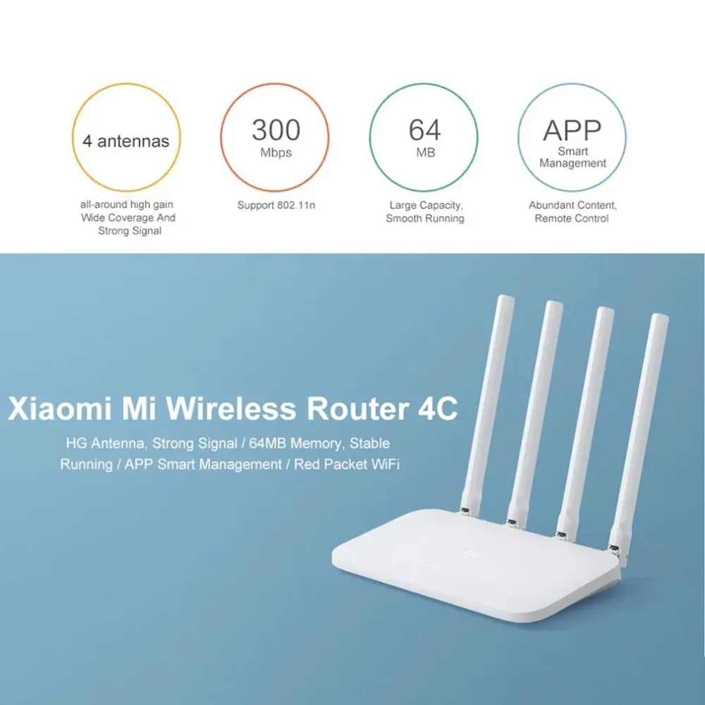 95% 샤오미 미 라우터 4C 와이파이 모뎀, 4 안테나 제어 앱 라우터, 홈 몰니아용 2,4G 300 Mbps