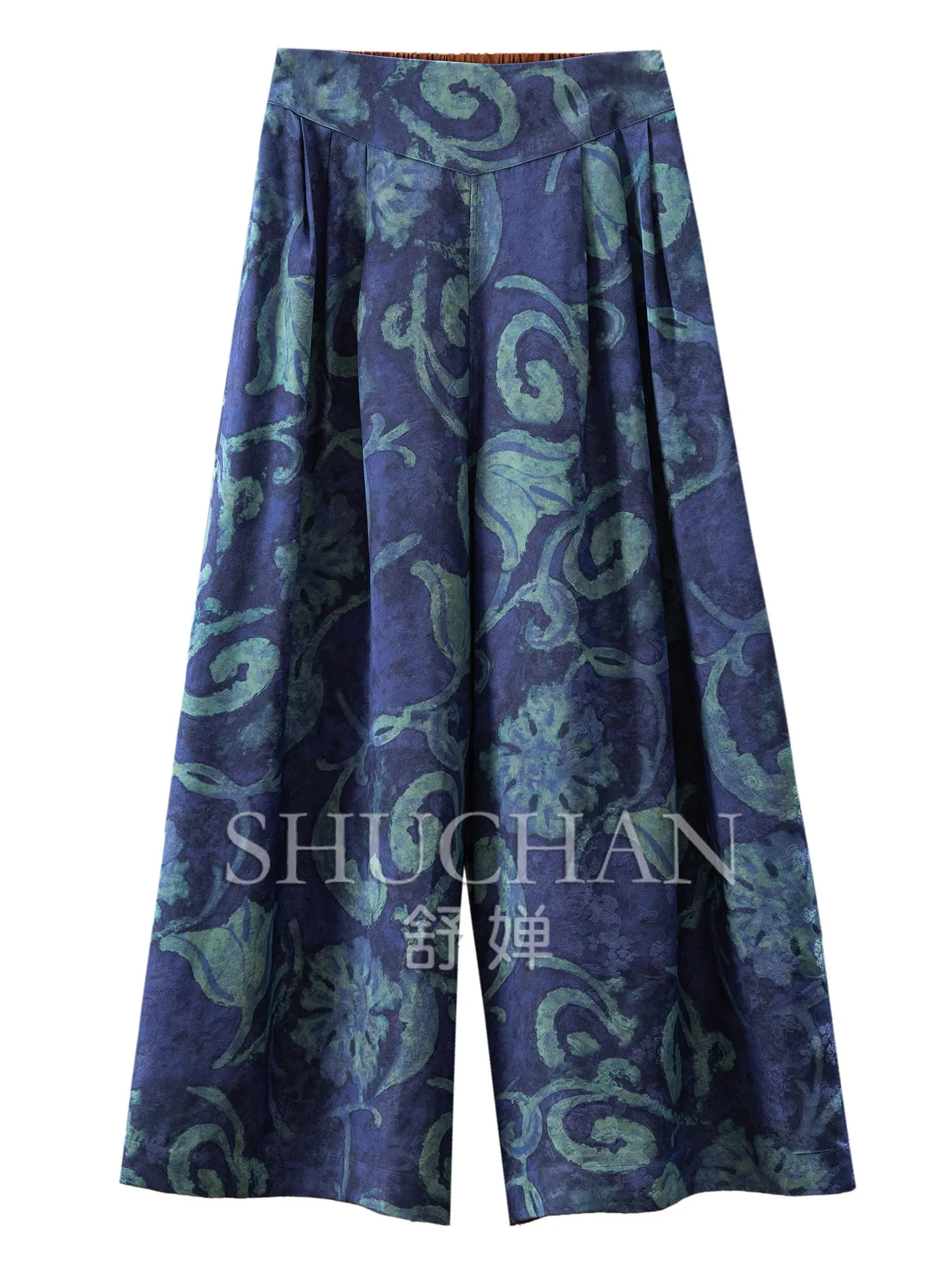 

100% Natural Silk Pants Fragrant Cloud Yarn Jacquard + Flower Luo Wide Leg Culottes Women 46G6