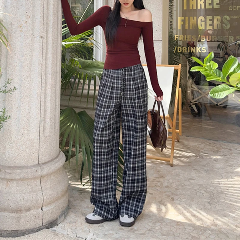 

Новинка 2025 года, винтажные клетчатые брюки, женские свободные широкие брюки в стиле Харадзюку, женские осенние прямые брюки в ленивом стиле контрастного цвета, женские