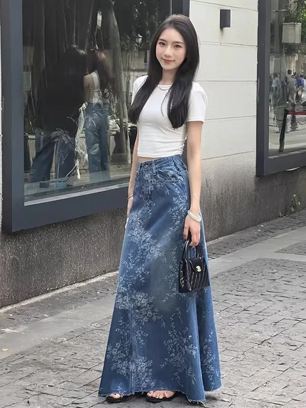 

Women's Harajuku-style Y2K High-waist Slim-fit A-line Midi Denim Skirt Vintage Embroidery Print Skirts Spring Autumn Commuting