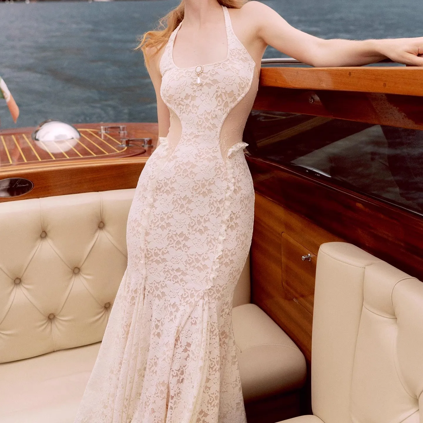 80-102cm Bust Summer Holiday Dresses Women Vintage Elegant Slim Sexy Backless Halterneck Fishtail Lace Birthday Party Long Dress