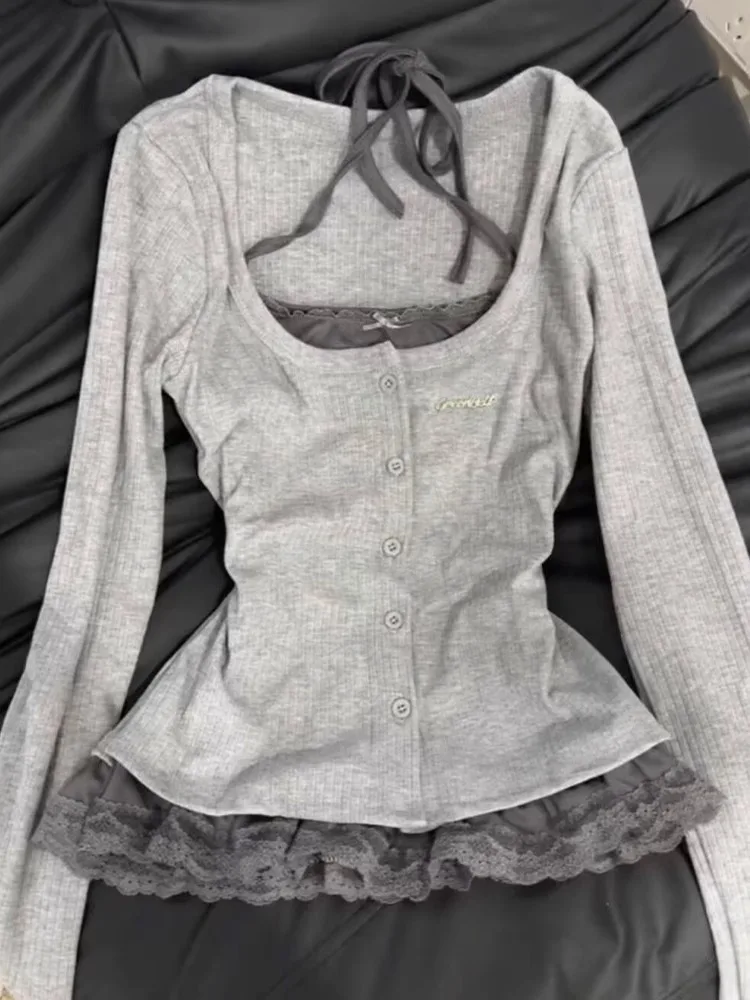 Camisas de manga larga de encaje de dos piezas Vintage Harajuku coreano Y2K para mujer, camisa Acubi, camiseta de gran tamaño, Tops Gyaru, ropa Alt de los años 2000