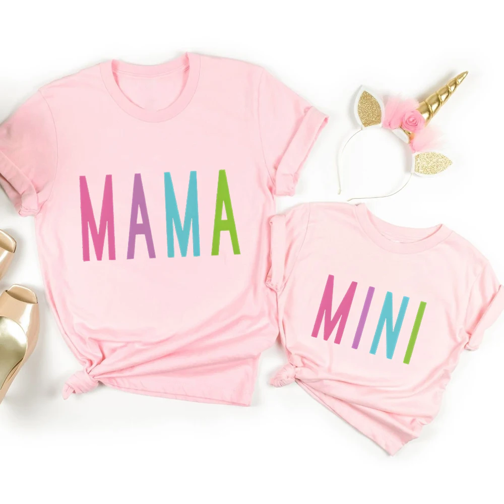 Mama and Mini Matching T-Shirt Set Short Sleeve Tee Tops with Fun MAMA MINI Print Casual Clothes for Kids and Adults