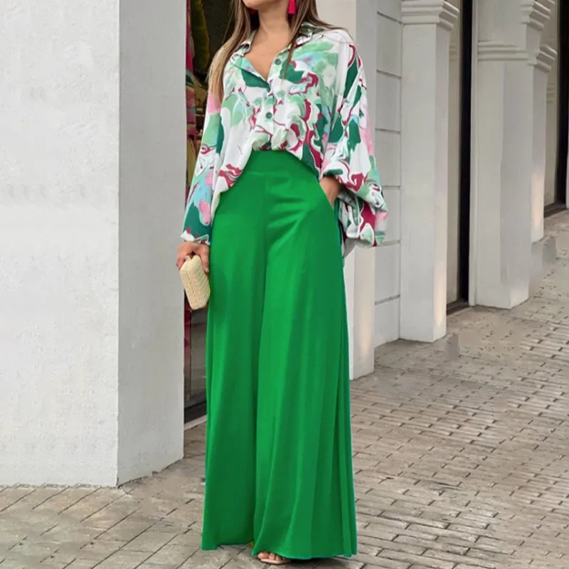 

Fall Women's Clothing Printed Long Sleeve Blouse And Wide Leg Pants Set Elegant Office Wear For Polyester Flared Sleeve O