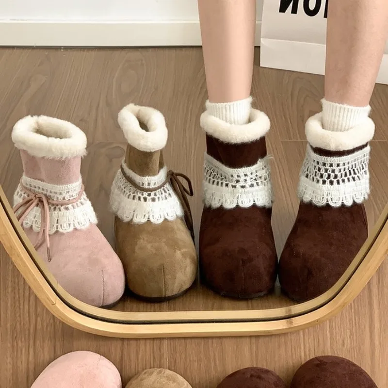 

Luxury Bowknot Fluffy Fur Kawaii Snow Boots 2026 Winter Sweet Lace Suede Designer Ankle Boots Warm Plush Woman's Short Booties