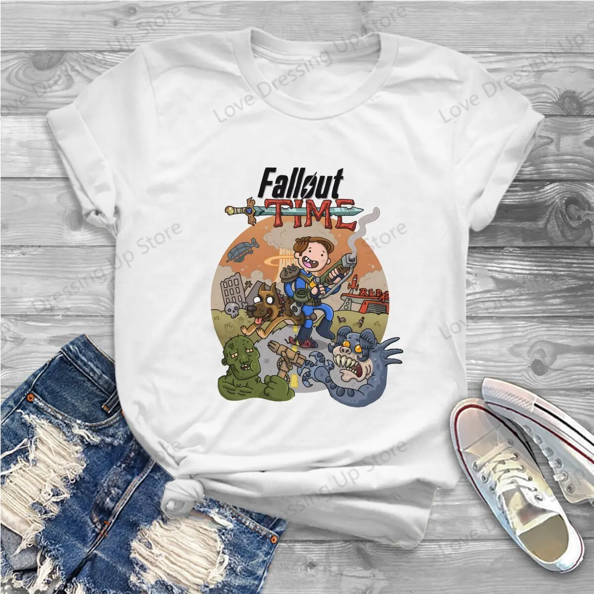 Fallouts Time! Vintage O Neck Woman TShirt  Harajuku Casual Short Sleeve Polyester T-Shirt Special