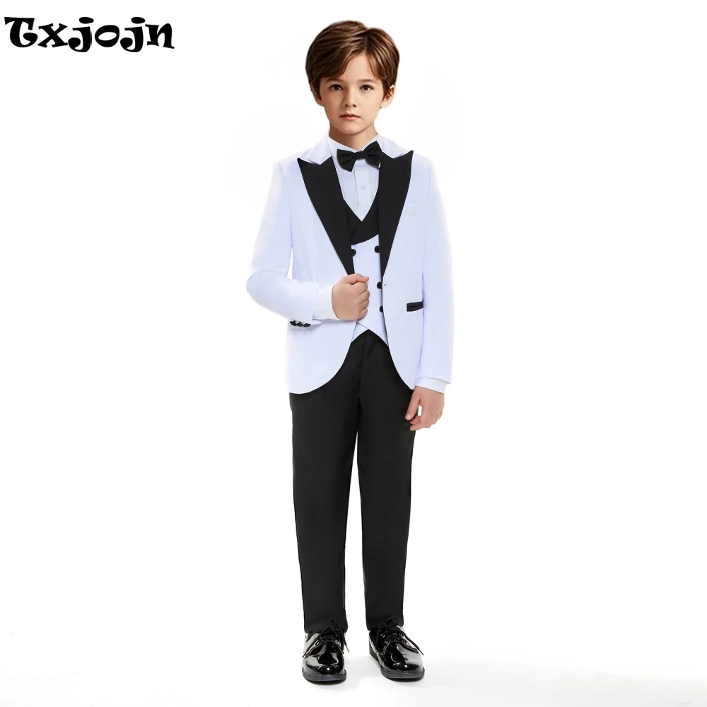 Classic Formal Boys Slim Fit Suits Classy One Button Kids Tuxedo 4 Pieces Jacket Vest Pants Bow Tie Wedding Ring Bearer Outfit