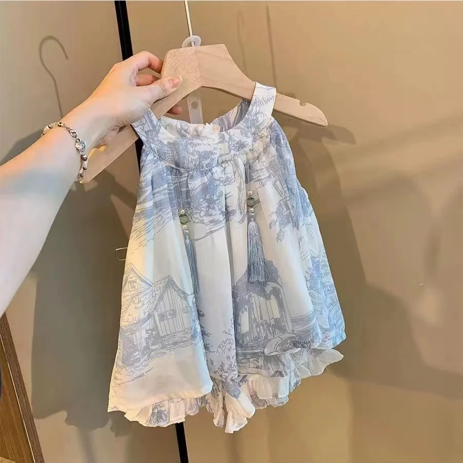 

New Chinese Style Suspender Vest Skirt and Shorts Set for Girls In Summer Fashionable and Stylish Two piece Set for Babies