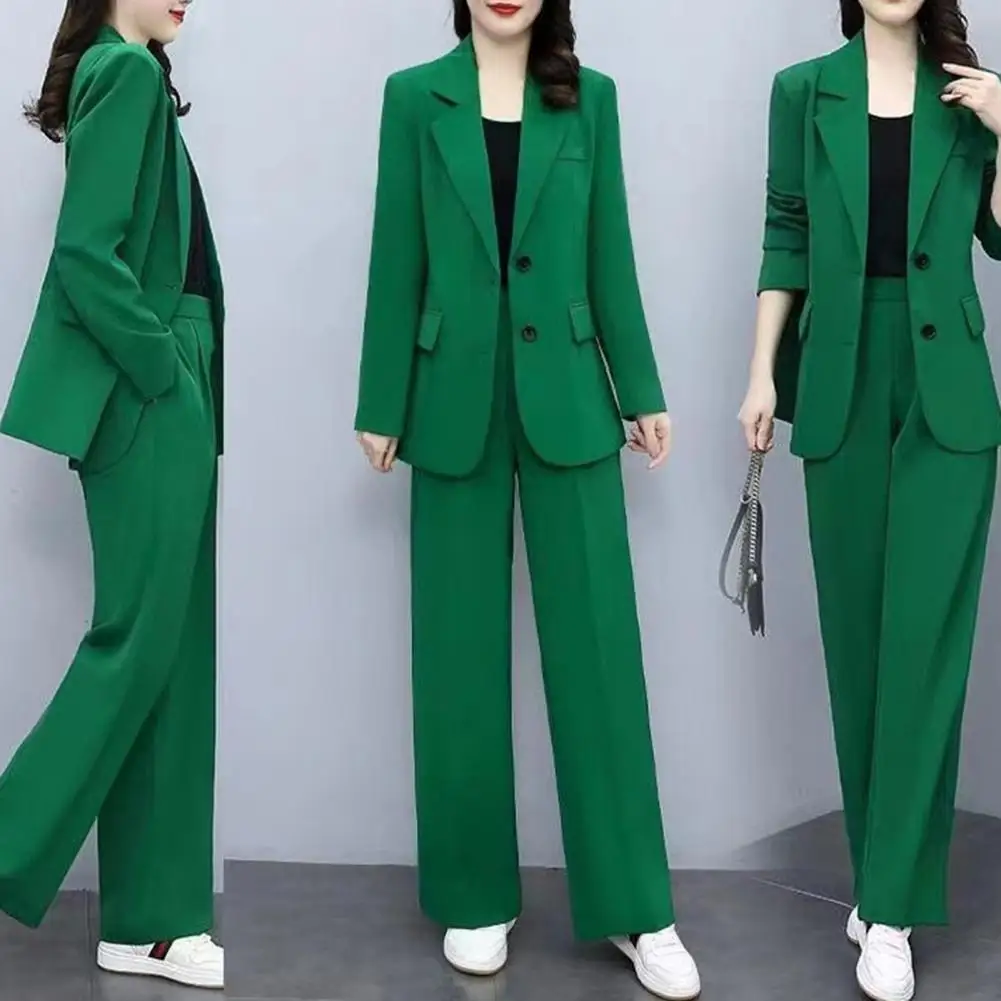 Long-sleeve Top Outfit Formal Business Style Women\'s Coat Pants Suit Set with Lapel Button Closure Cardigan Wide Leg for Work