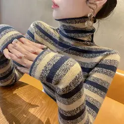 Turtleneck Trend Striped Bottoming Shirt Women Autumn Winter Fashion Jacquard Long Sleeve Sweater All-match Casual Knitwear Tops