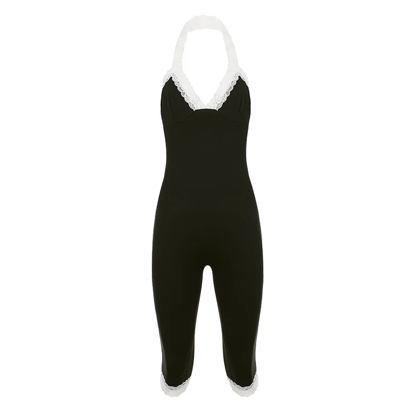 Casual sexy Lace Patchwork V-Neck Hanging Neck Contrasting Colors Fashion Retro Jumpsuit
