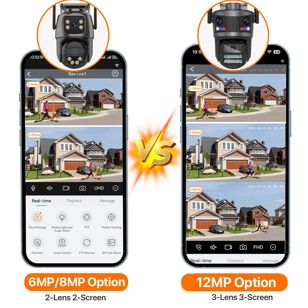 Three Lens 12MP HD Outdoor WIFI IP Camera 8MP/6MP Dual Screen PTZ Camera Ai Human Detection iCsee APP CCTV Video Security Cam