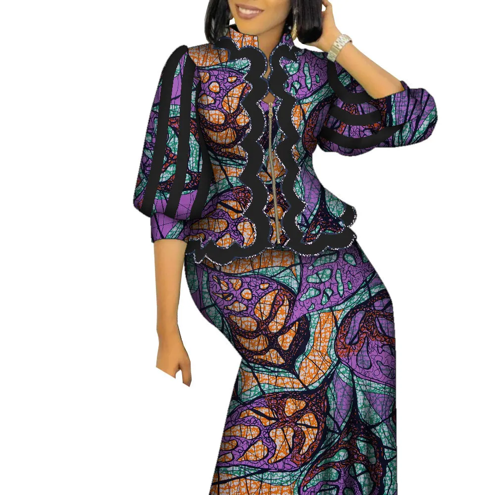 

African Outfits for Women Matching 2 Piece Set African Print Puff Sleeve Zipper Top and Long Skirts Suits for Women WY1469