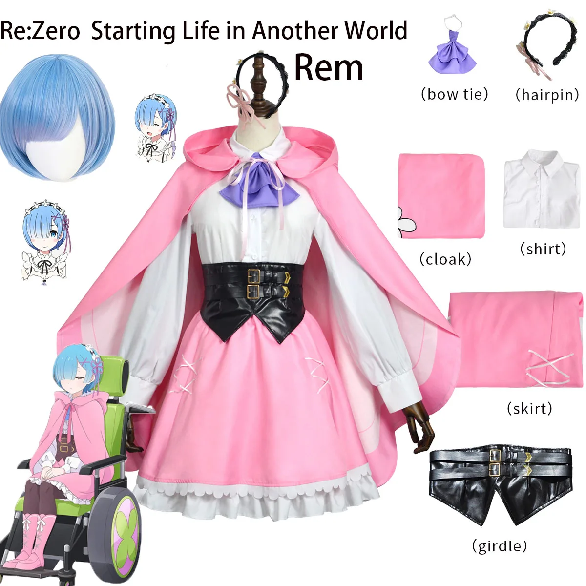 Rem Re:Zero Cosplay – Robe à capuche rose, ensemble complet, perruque bleue, épingle à cheveux, nœud papillon, costume de fête d'halloween et de carnaval, Anime