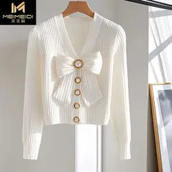White V-neck Bow Long Sleeved Sweater Knit Top New Women's Clothing