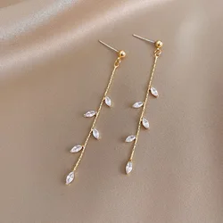 Long Silver Plated Crystal Leaf Tassel Drop Earrings For Women Exquisite Luxury Wedding Fashion Jewelry Gift