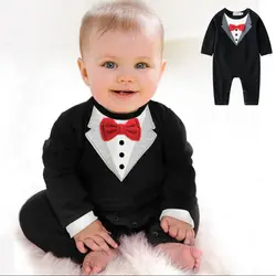 Autumn Baby Boys Gentleman Clothing Toddler Jumpsuit Bow Tie Long Sleeve Romper Infant First Year Birthday Party Wedding Clothes