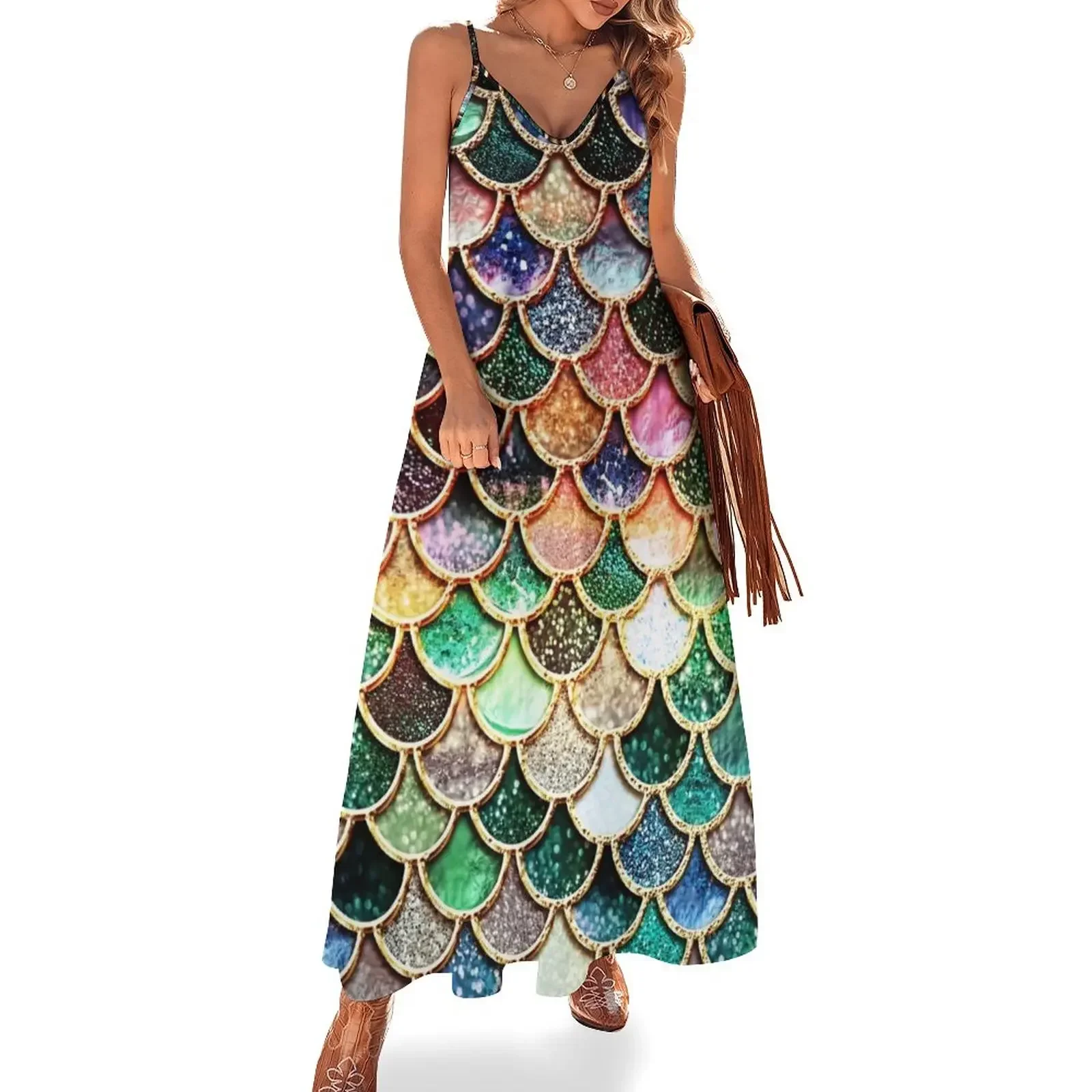 

Copper Green Gold and Pink Sparkle Faux Glitter Mermaid Scales Sleeveless Dress Women's evening dress dresses korean style Dress