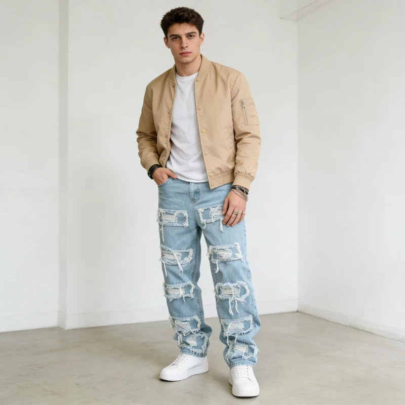 

Мужские джинсы с дырками, укороченные, облегающие, рваные, однотонные, винтажные, с эффектом потертости, слим-фит, с карманами, 2026, High Street, осень