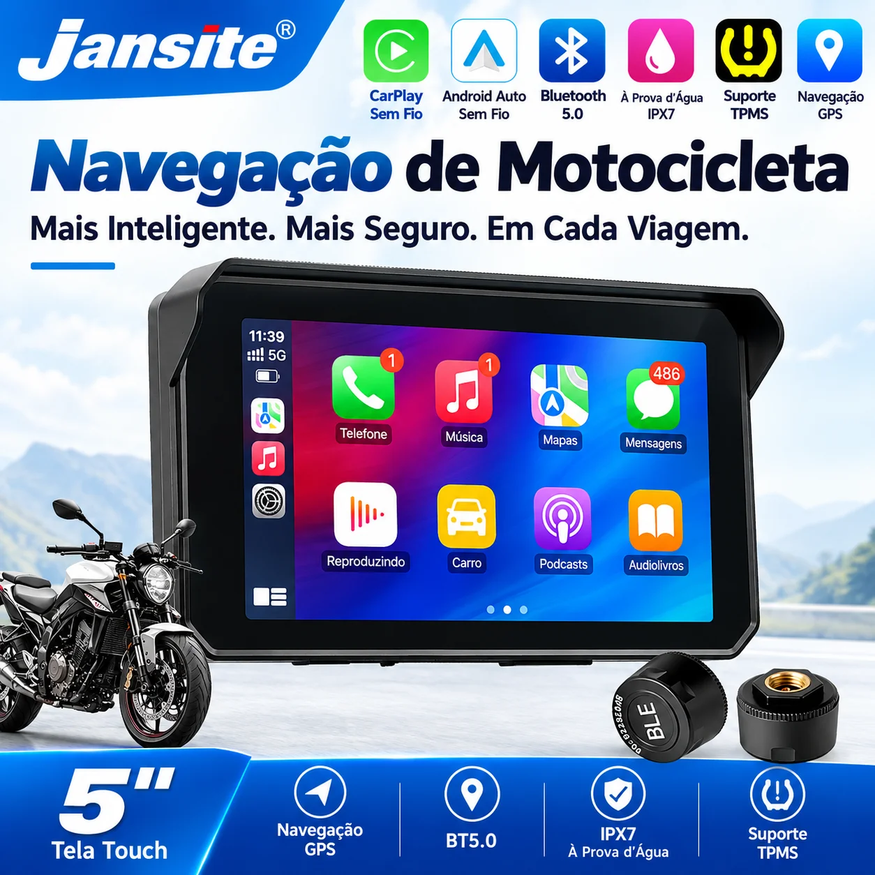 Portable 5 inch Motorcycle Navigation Support TPMS Wireless CarPlay Android Auto Dual Bluetooth IPX7 Waterproof Moto Monitor