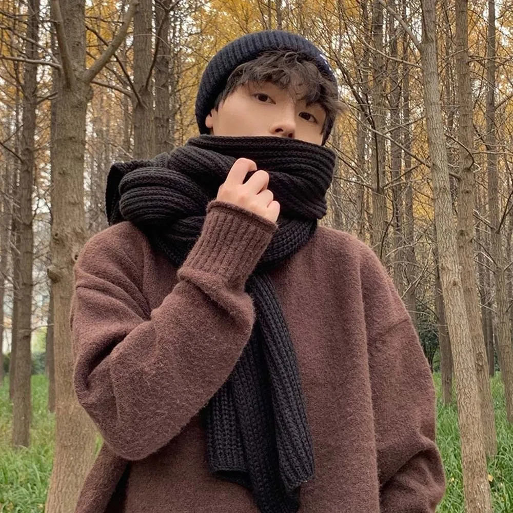 

Large Acrylic Fibers Knitting Wool Scarf Spandex Solid Color Long Thickened Neckscarf Polyester Classic Winter Warmer Scarf Men